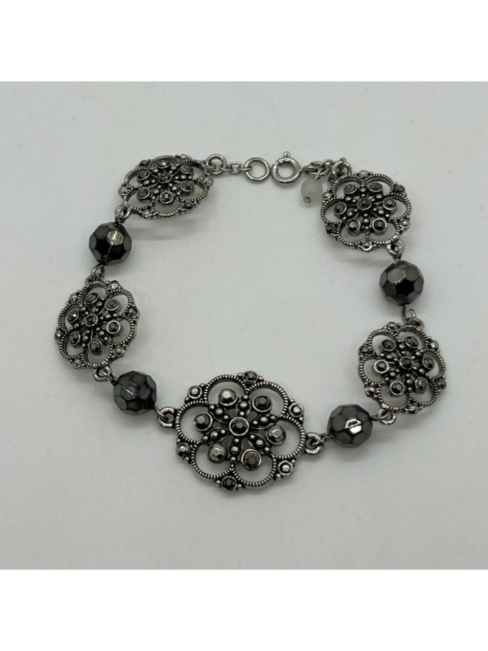 Vintage Silver Filigree Flower Bracelet Crystal Faceted Beads Scalloped Discs